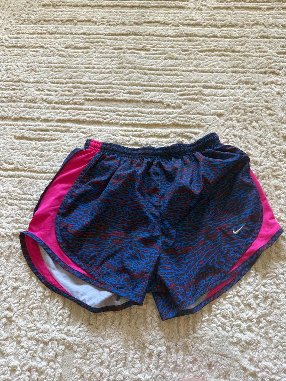 Nike Women’s Blue Animal-Print Running Shorts with Pink Panels